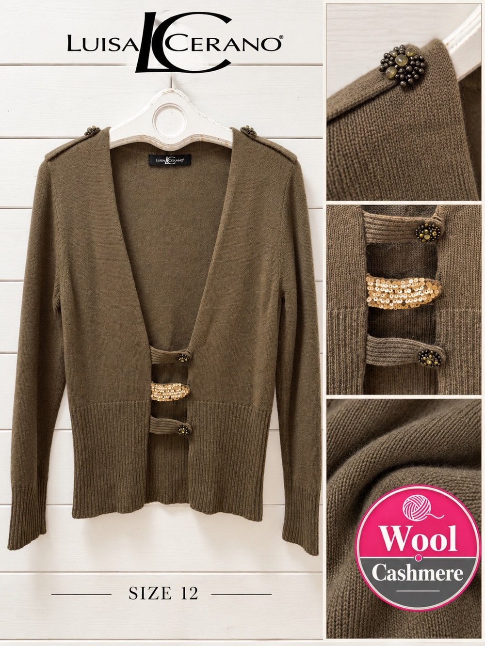 LUISA CERANO Embellished Wool & Cashmere Blend Cardigan – Size 12